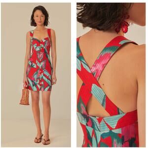 Farm Rio Summer Foliage Linen Mini Dress in Red/Multi NWT